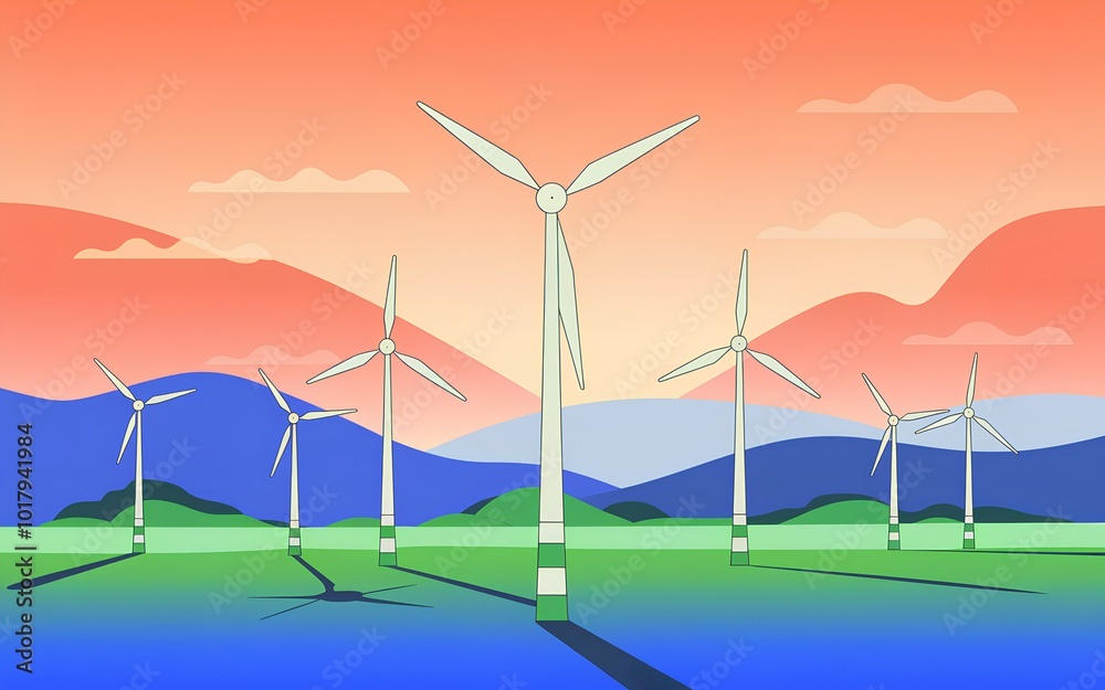 Wind turbines on a colorful landscape symbolize renewable energy and sustainability.