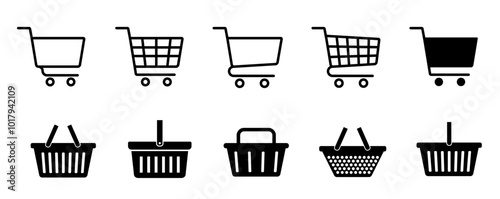 Shopping cart, basket icon set. Shopping basket icon set. Buy on market or supermarket. Shopping basket. Vector illustration