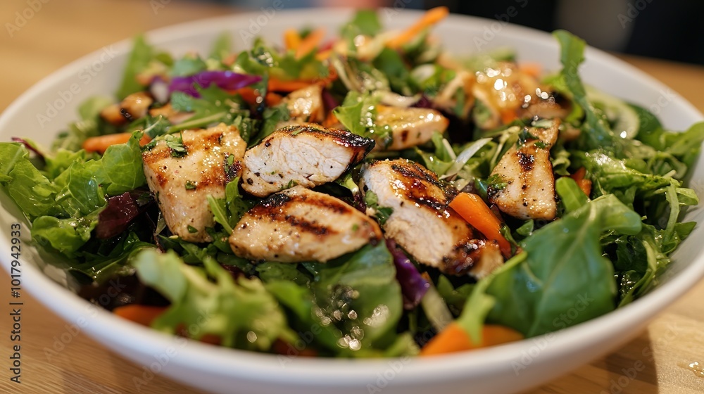 Fresh green salad with grilled chicken pieces topped with vibrant vegetables and herbs, perfect for a healthy meal option Fresh green salad with grilled chicken pieces topped with vibrant vegetables and herbs, perfect for a healthy meal option