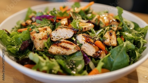 Fresh green salad with grilled chicken pieces topped with vibrant vegetables and herbs, perfect for a healthy meal option