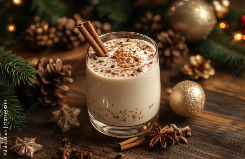 Festive Eggnog with Cinnamon on Wooden Table, Christmas Holiday Background Festive Eggnog with Cinnamon on Wooden Table, Christmas Holiday Background