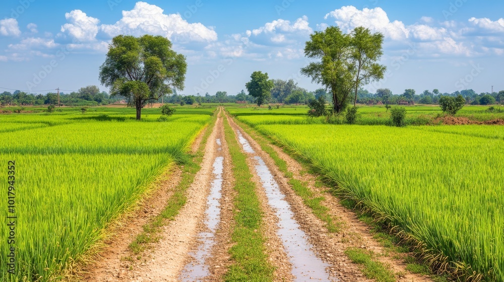 Scenic Dirt Road Through Lush Green Rice Paddy Fields in Rural Landscape Scenic Dirt Road Through Lush Green Rice Paddy Fields in Rural Landscape