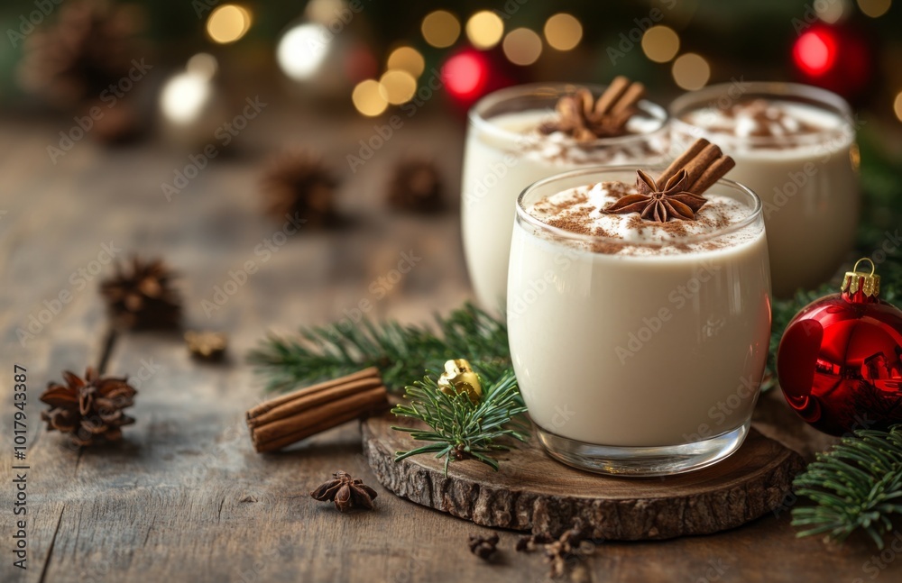 Festive Eggnog with Cinnamon on Wooden Table, Christmas Holiday Background Festive Eggnog with Cinnamon on Wooden Table, Christmas Holiday Background
