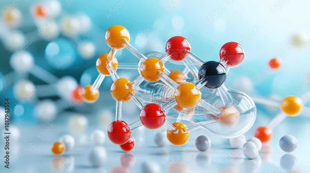 A vibrant molecular structure showcasing colorful atoms and bonds against a glossy background. Ideal for science-related projects and educational materials. A vibrant molecular structure showcasing colorful atoms and bonds against a glossy background. Ideal for science-related projects and educational materials.