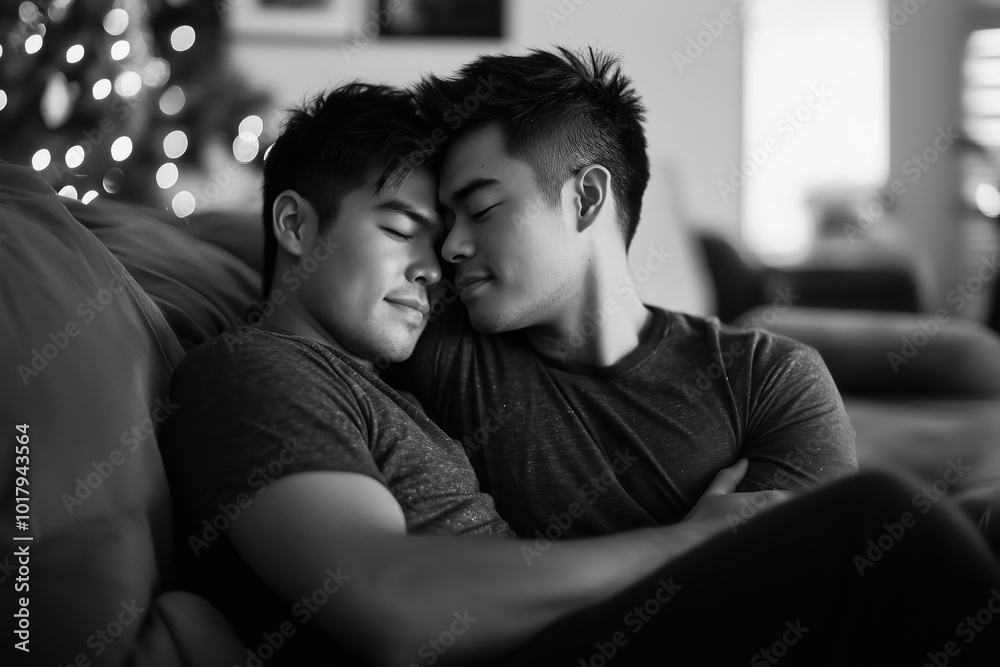 An Asian gay male couple, in love, hugging, celebrating Christmas. An Asian gay male couple, in love, hugging, celebrating Christmas.