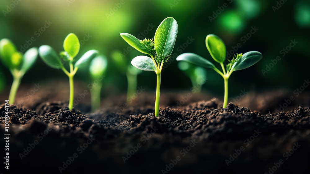 Close-up of young seedlings growing in dark, rich soil with a blurred green background, highlighting early stages of plant growth in a natural setting. Close-up of young seedlings growing in dark, rich soil with a blurred green background, highlighting early stages of plant growth in a natural setting.
