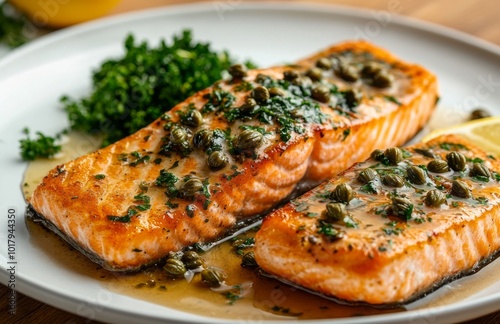 Seared Salmon Fillet with Lemon Caper Sauce on Plate photo