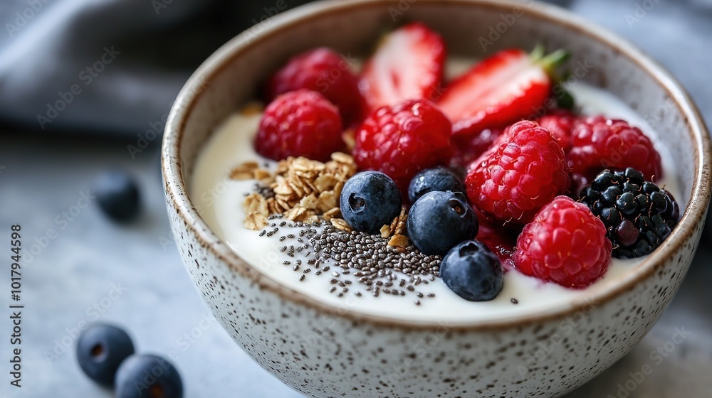 A delicious bowl of yogurt topped with fresh strawberries, blueberries, blackberries, and chia seeds on a wooden table A delicious bowl of yogurt topped with fresh strawberries, blueberries, blackberries, and chia seeds on a wooden table