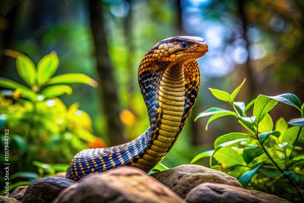 Fototapeta premium Majestic Cobra Displaying Its Hood in a Natural Habitat Amongst Lush Greenery and Rocks