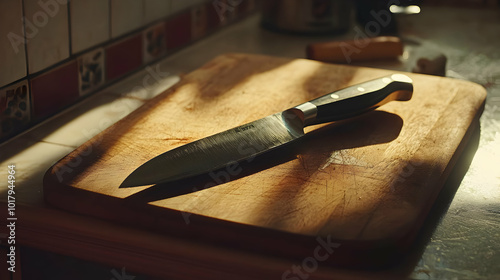 Knife on Wooden Cutting Board.