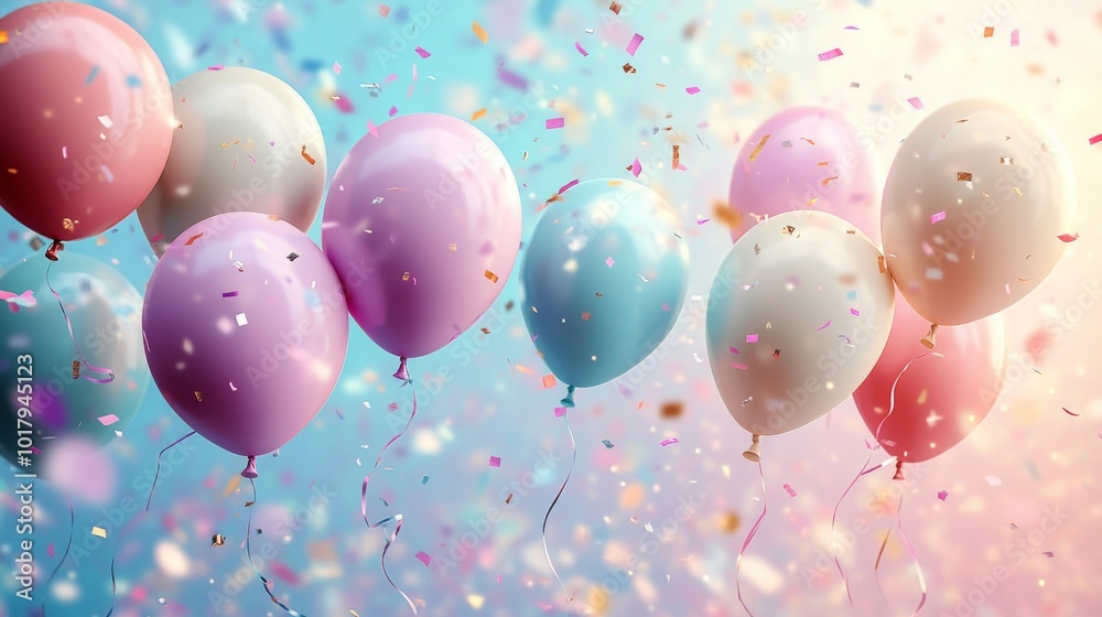 A joyous scene of pastel-colored balloons floating amidst shimmering confetti, capturing a sense of celebration and whimsy against a vibrant backdrop of mixed hues.