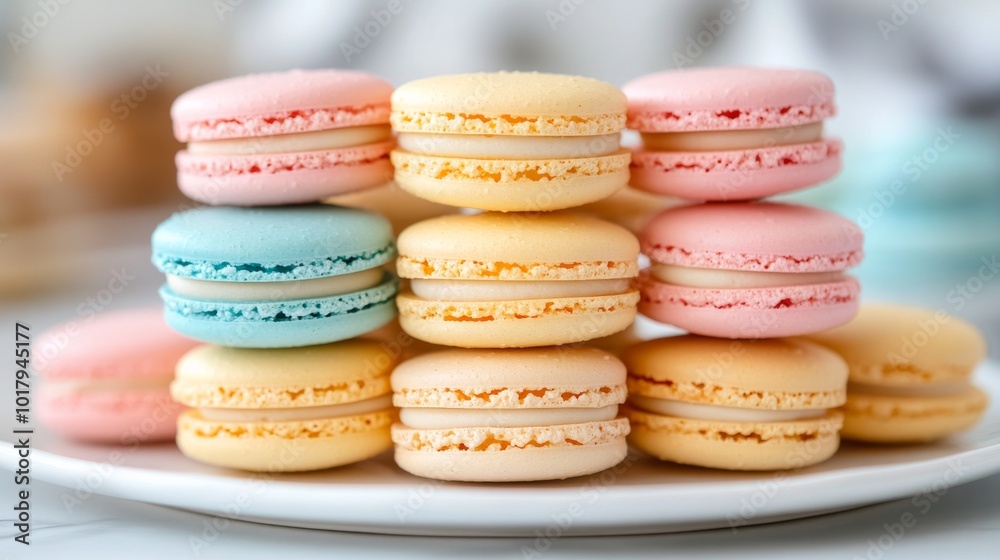 Fototapeta premium A neat stack of colorful macarons arranged on a white plate, showcasing their delicate texture and vibrant hues, perfect for a refined dessert experience.
