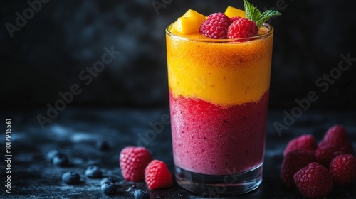 A refreshing glass of layered smoothie featuring vibrant mango and berry flavors, beautifully garnished with fresh fruits, epitomizing healthy and delicious refreshment. photo