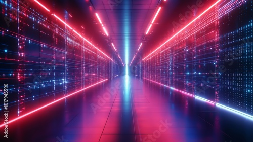 A mesmerizing, futuristic corridor glows with vibrant neon lights and digital patterns, creating an immersive, high-tech experience in a virtual environment.