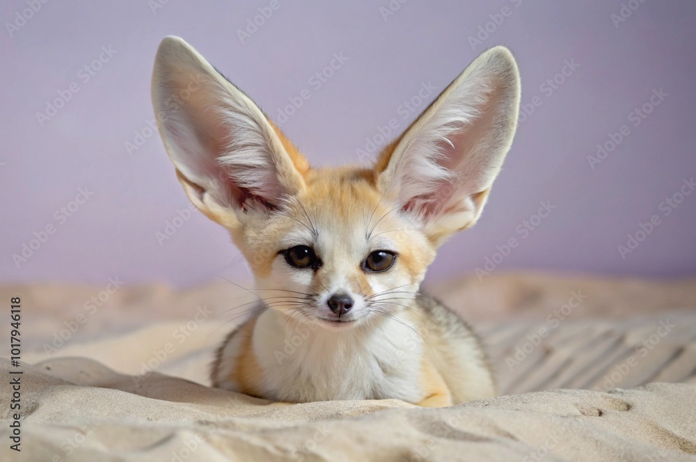 Fototapeta premium Feature a fennec fox with its oversized ears perked up, camouflaged against the sandy dunes of the Sahara.
