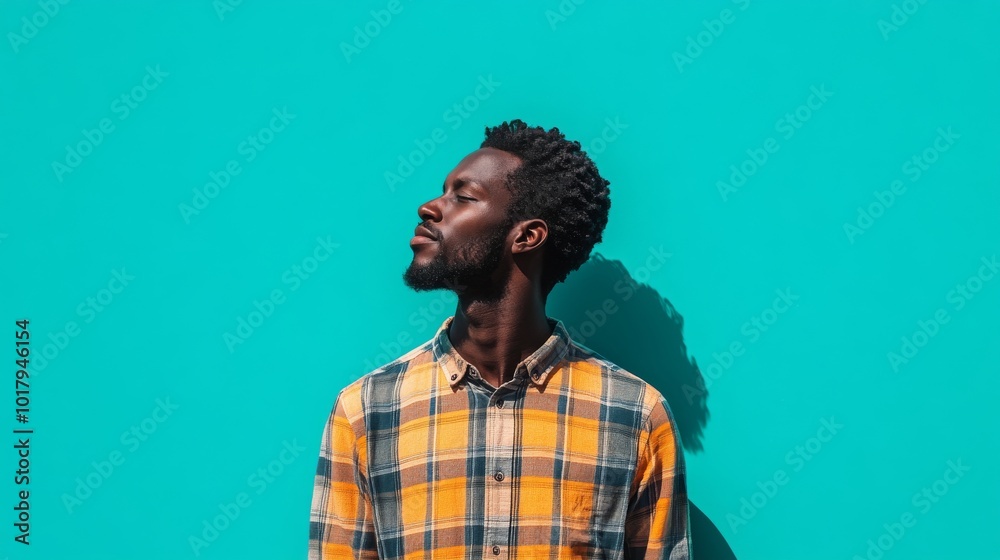 A man wearing a vibrant checkered shirt stands with closed eyes against a teal-colored wall, conveying a sense of serenity and peaceful contemplation. A man wearing a vibrant checkered shirt stands with closed eyes against a teal-colored wall, conveying a sense of serenity and peaceful contemplation.