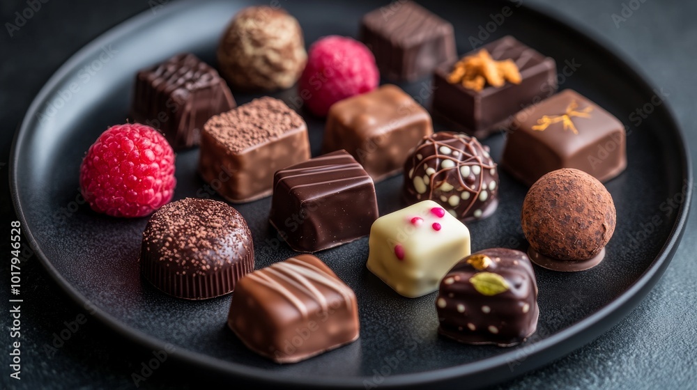 An exquisite selection of deluxe chocolates paired with fresh raspberries, artfully arranged on a modern dark platter, showcasing elegance and culinary craftsmanship. An exquisite selection of deluxe chocolates paired with fresh raspberries, artfully arranged on a modern dark platter, showcasing elegance and culinary craftsmanship.