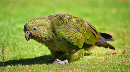 Kakapo parrot walking curiously on grassy ground with alert expression