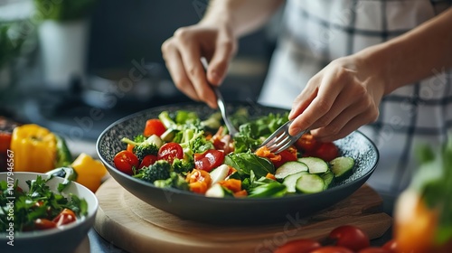 A person preparing a fresh garden salad with vibrant vegetables in a cozy kitchen setting during daylight hours