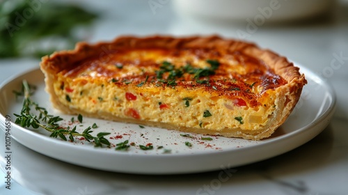 A tantalizing slice of quiche sits on a white plate, highlighting a fluffy filling of cheese and colorful vegetables, garnished with fresh herbs and spices.