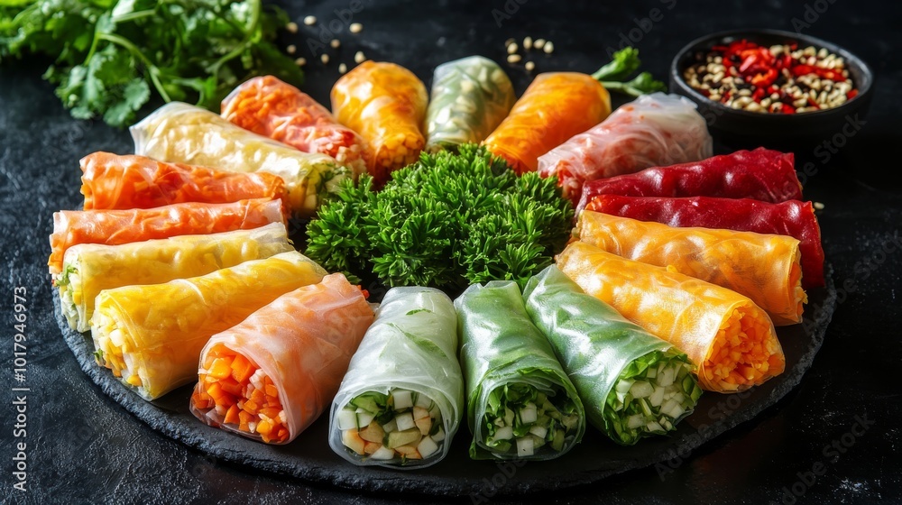 Colorful vegetable spring rolls neatly arranged on a stylish platter with a garnish of fresh greens, highlighting an assortment of healthy, fresh vegetables. Colorful vegetable spring rolls neatly arranged on a stylish platter with a garnish of fresh greens, highlighting an assortment of healthy, fresh vegetables.