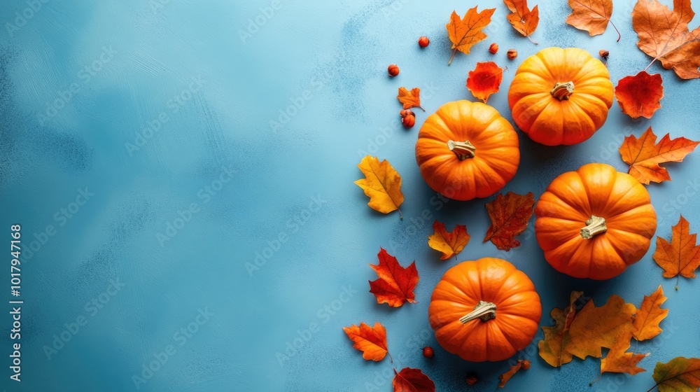 Fall pumpkins and leaves on blue background with space for text Fall pumpkins and leaves on blue background with space for text