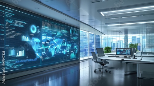 Modern Office with High-Tech Data Visualization Display