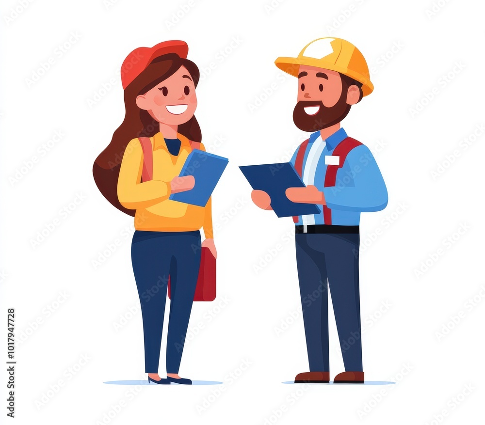 A cheerful male and female professional engaged in a construction project discussion, featuring modern attire and construction gear, symbolizing teamwork and collaboration. A cheerful male and female professional engaged in a construction project discussion, featuring modern attire and construction gear, symbolizing teamwork and collaboration.