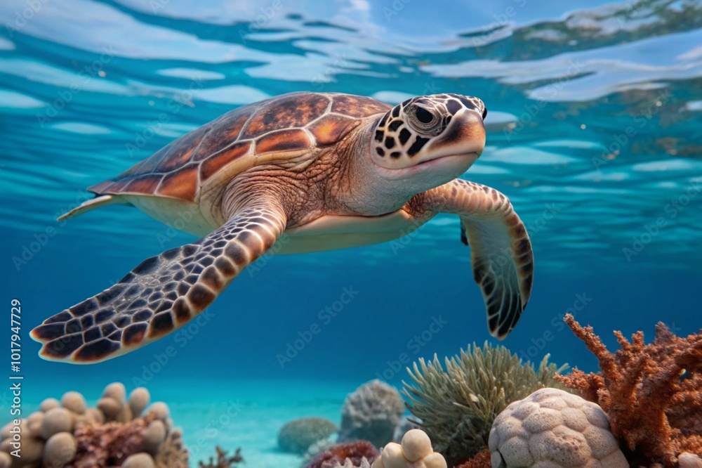 Fototapeta premium Capture a close-up of a sea turtle gliding gracefully through crystal-clear water, surrounded by colorful coral reefs. 