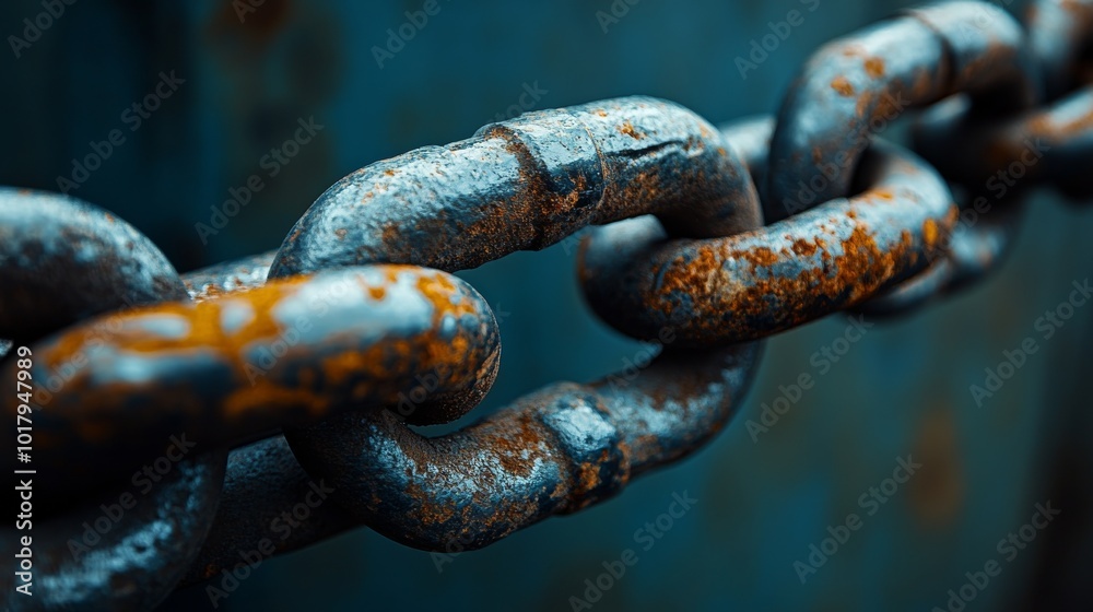 A weathered metal chain showcases detailed rust and texture, set against a contrasting blue background, symbolizing strength, history, and the passage of time. A weathered metal chain showcases detailed rust and texture, set against a contrasting blue background, symbolizing strength, history, and the passage of time.