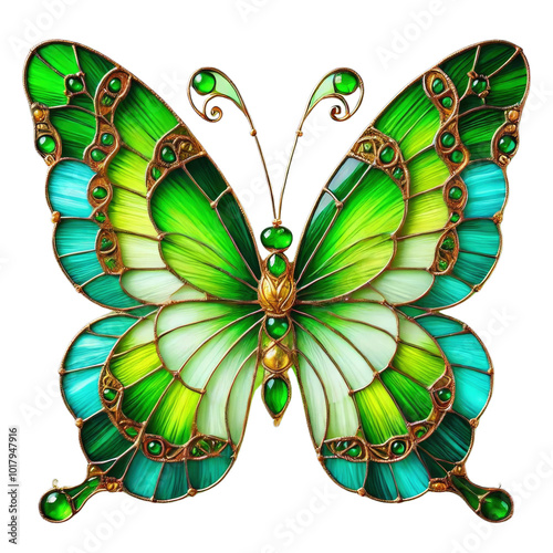 Vibrant stained glass butterfly with intricate green and blue patterns on a white background.