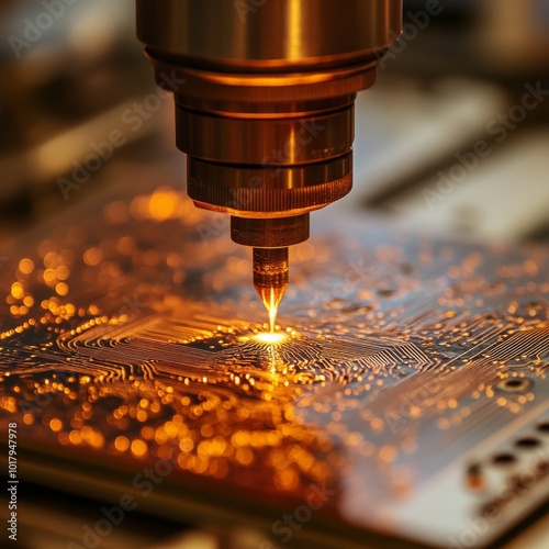 Detailed shot of a laser cutting machine precisely etching intricate circuitry patterns on a copper surface, showcasing modern manufacturing and technological advancement.