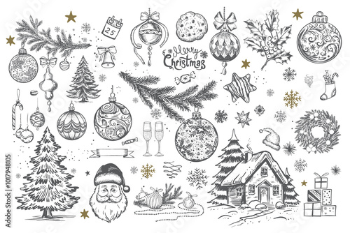 Christmas cookie, tree, ball, star, set on white, Hand drawn illustration	
