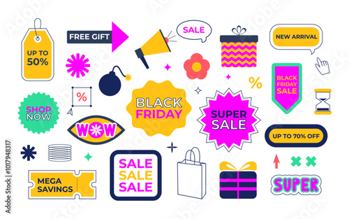 Black Friday sale stickers, tags, badges, labels. Retro brutalism geometric style. Coupon, discount, promo. Call to action sale stickers. Vector isolated on white.