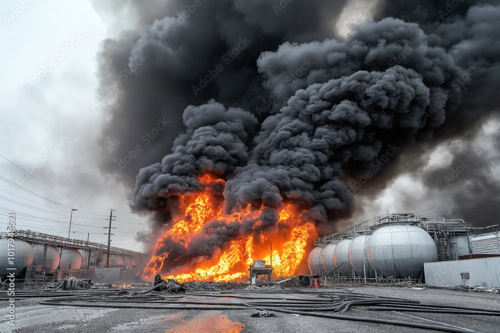Industrial facility fire with large flames and thick black smoke ...
