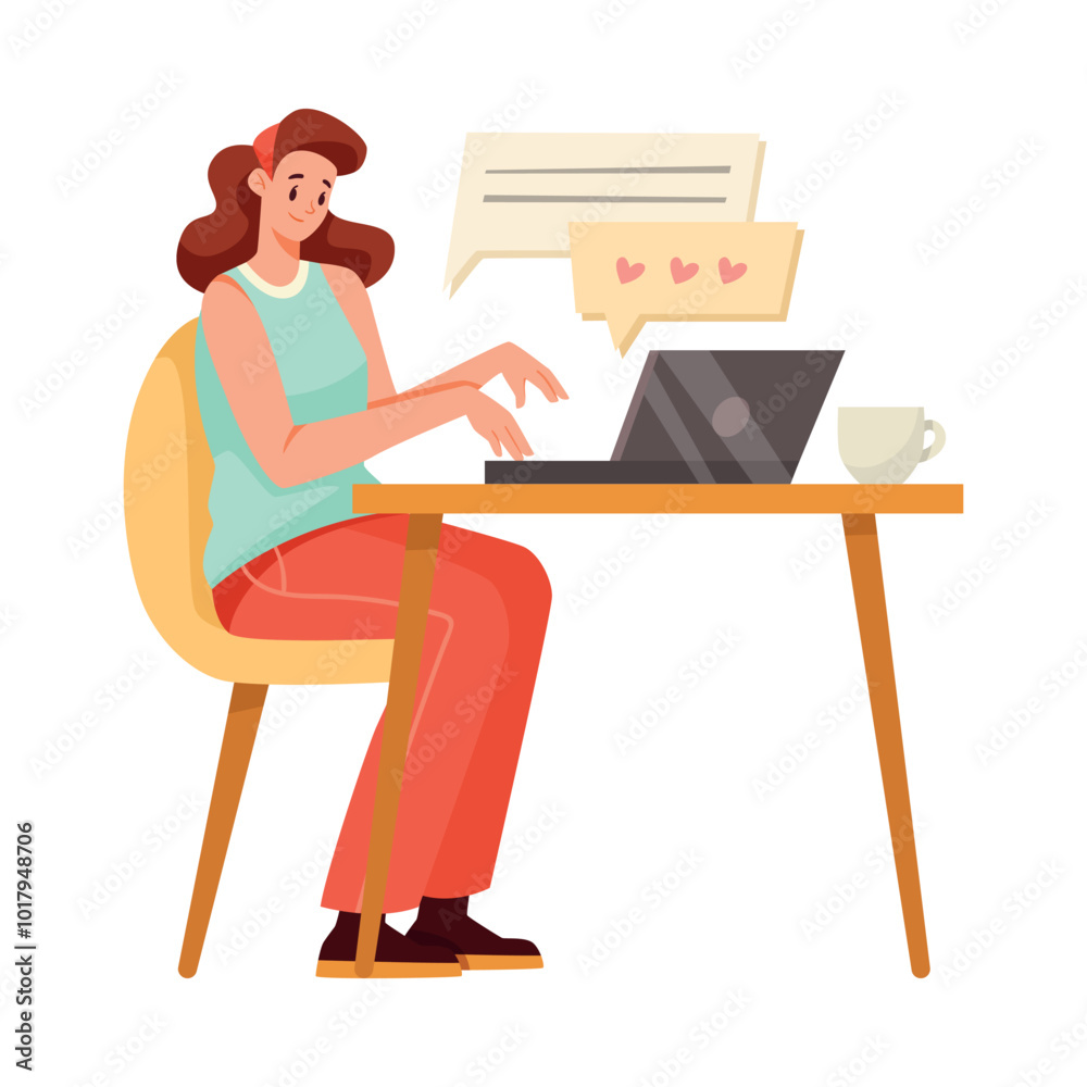 Online Communication with Woman Character Sit at Laptop Chatting Vector Illustration Online Communication with Woman Character Sit at Laptop Chatting Vector Illustration
