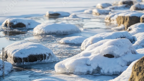  ice-covered rocks on the shore