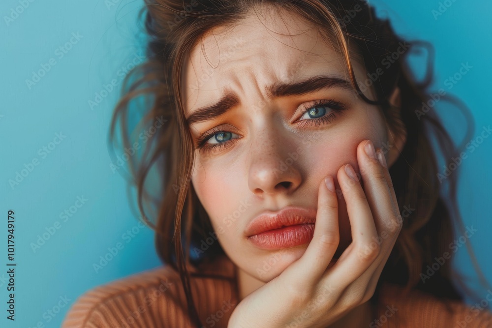 A young woman with striking blue eyes with a sad face due to toothache on a blue background A young woman with striking blue eyes with a sad face due to toothache on a blue background