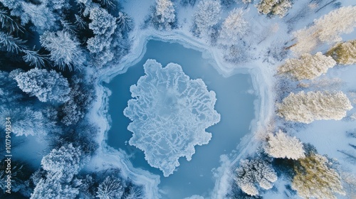 Frozen lake surrounded by snow-laden trees, viewed from above, ice cracked in patterns