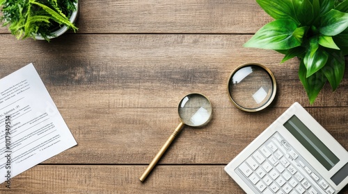 Workspace with Magnifying Glass and Green Plants