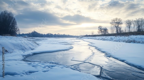 Frozen river, cracked ice, snowy landscape