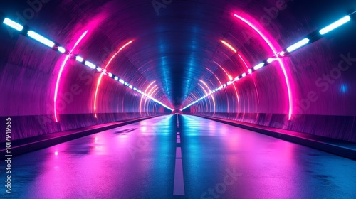 A vibrant, glowing neon tunnel with colorful illumination and a central road, evoking a sense of speed and futuristic journeys in an otherworldly environment.