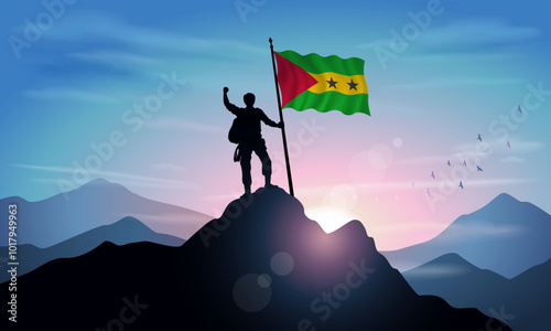 Sao Tome and Principe flag, silhouette of a man holding a flag as a sign of success in reaching the top of the mountain with the morning sun in the background. Vector Illustrator