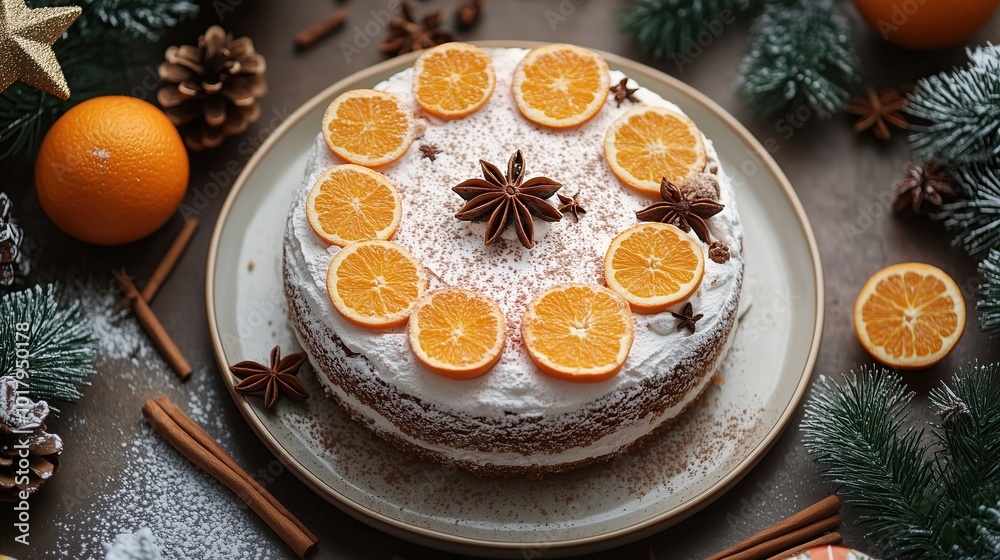 a cake decorated with oranges, cinnamons a cake decorated with oranges, cinnamons