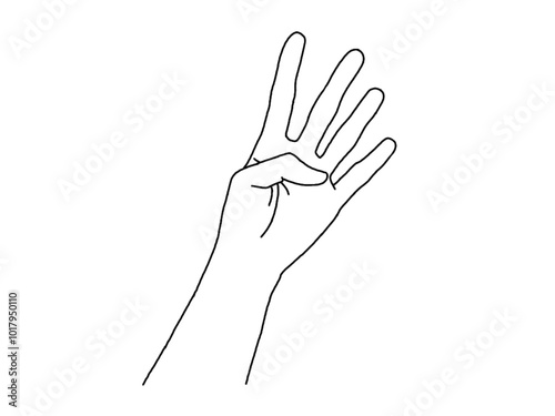 Palm with four fingers extended. Black and white drawing.