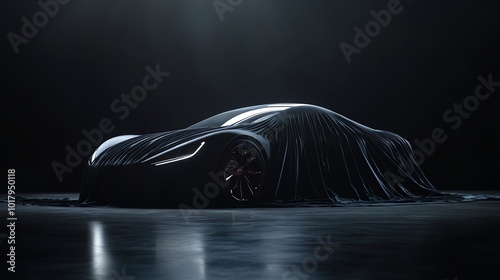 A black car covered by a black sheet in a dark studio.