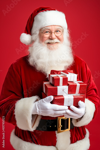 Santa Claus with gifts on a red background, Design of a postcard, banner, website