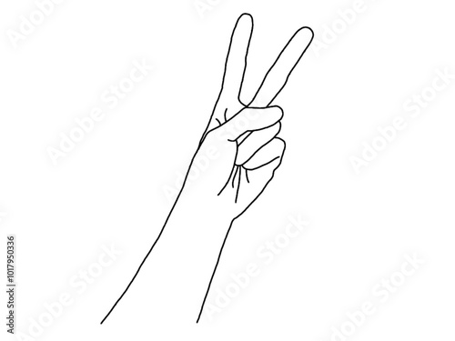 Number two, hand gesture in various sides view. Concept of finger counting on sign language. Vector illustration in outline style isolated on white background.