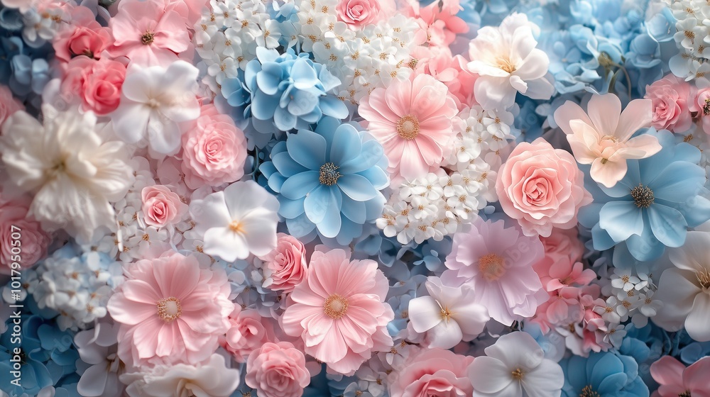 Close-up of pastel blue, pink, and white flowers on wall Close-up of pastel blue, pink, and white flowers on wall