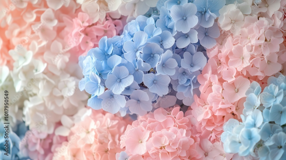 Obraz premium Close-up of pastel blue, pink, and white flowers on wall
